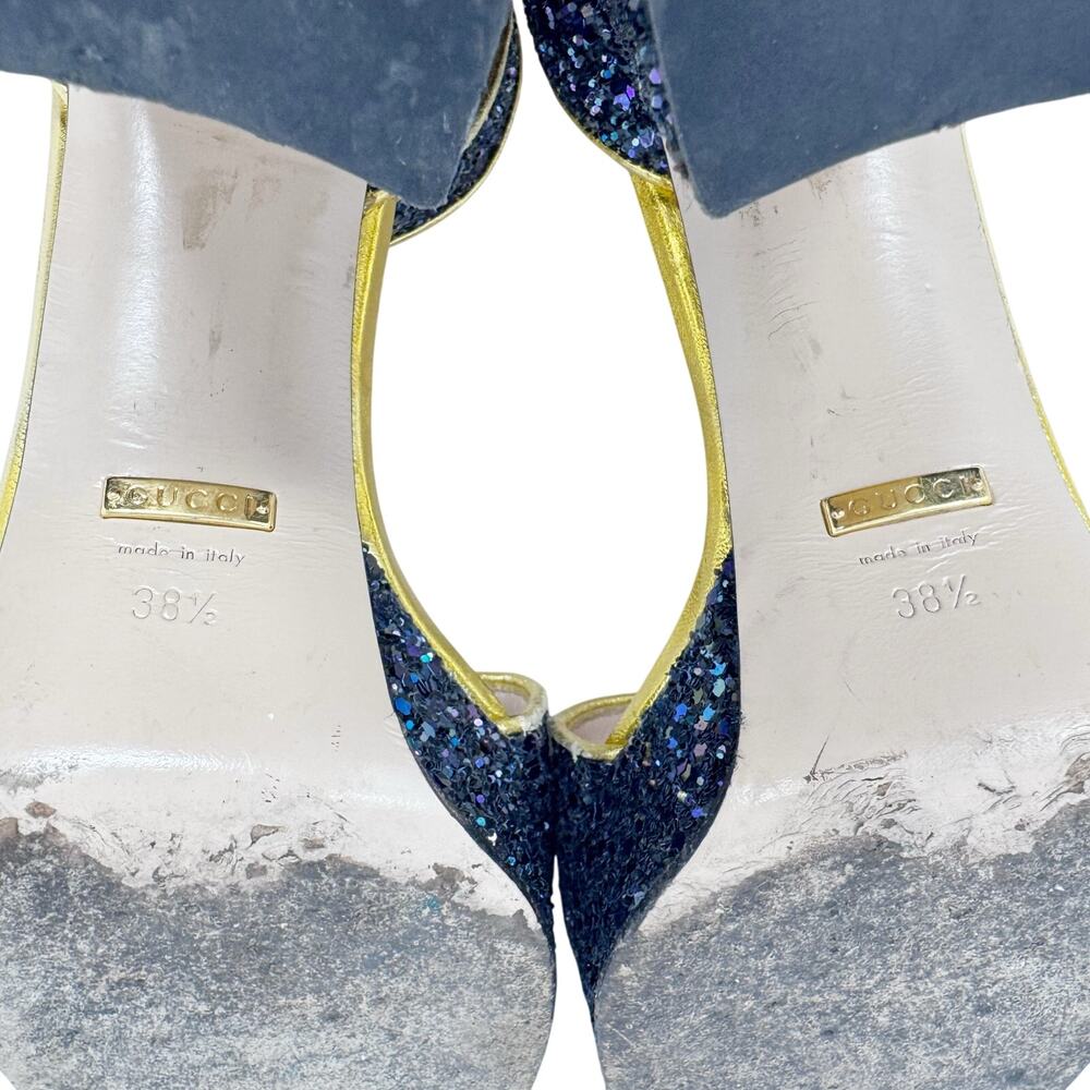 GUCCI Soko Bee Blue Glitter Platform Heels Gold
Trim Ankle Strap Size 38.5 - Picture 15 of 16